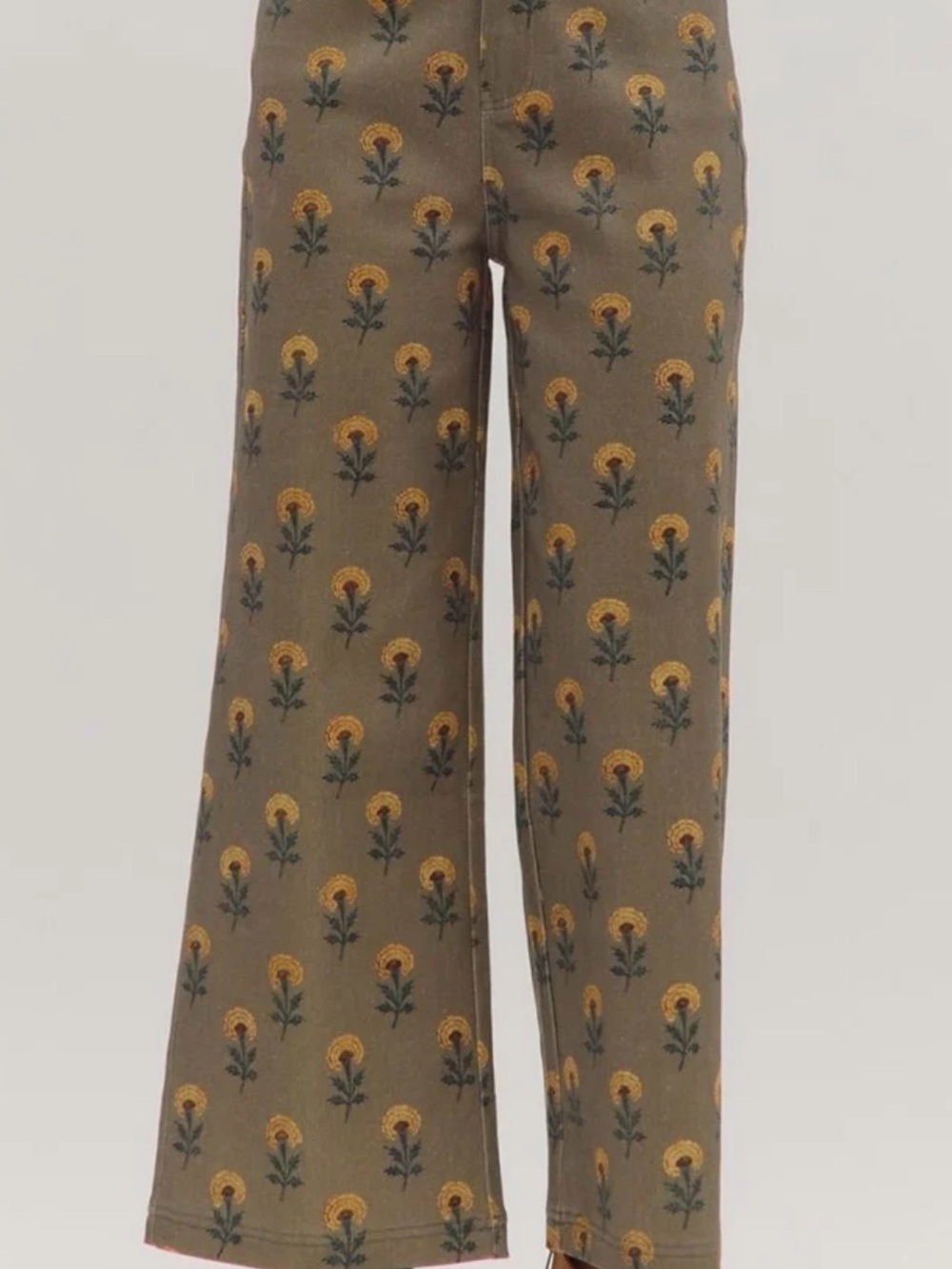 entro Olive Wide-Leg Jeans with Yellow Floral Print